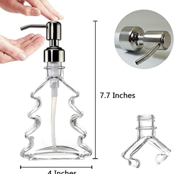 NEW Christmas Tree Clear Glass Soap Dispenser Bottles 304 Rust Proof Stainless - Picture 3 of 8